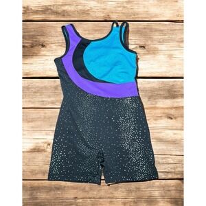 Danskin Gymnastics, Dance Unitard. Child Medium 7-8 Purple, Teal, Glitter.